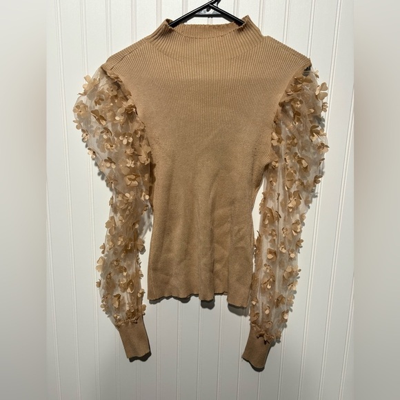 Almost Famous Sweaters - Almost Famous Tan Sweater with Floral Sheer Sleeves| Size Large